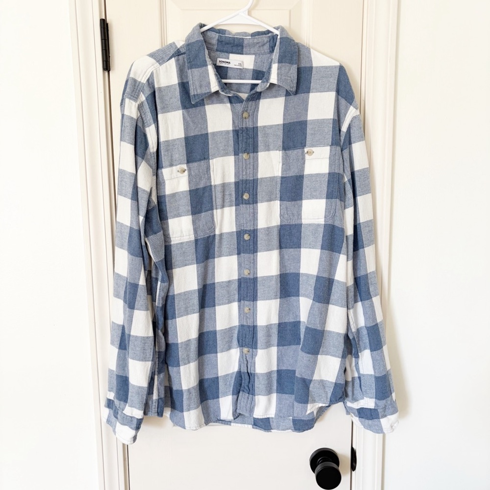 Sonoma Men's Blue and White Checkered Flannel Shirt XXL
